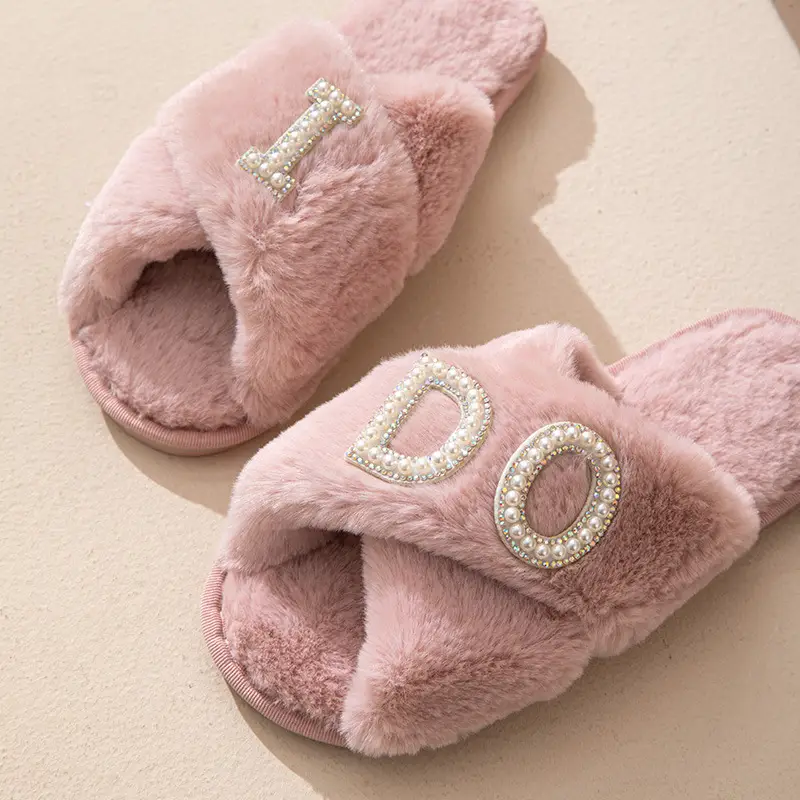 Plush slippers women IDO pearl wedding bachelor party fluffy slippers cross-border bridal cross-cotton slippers explosions