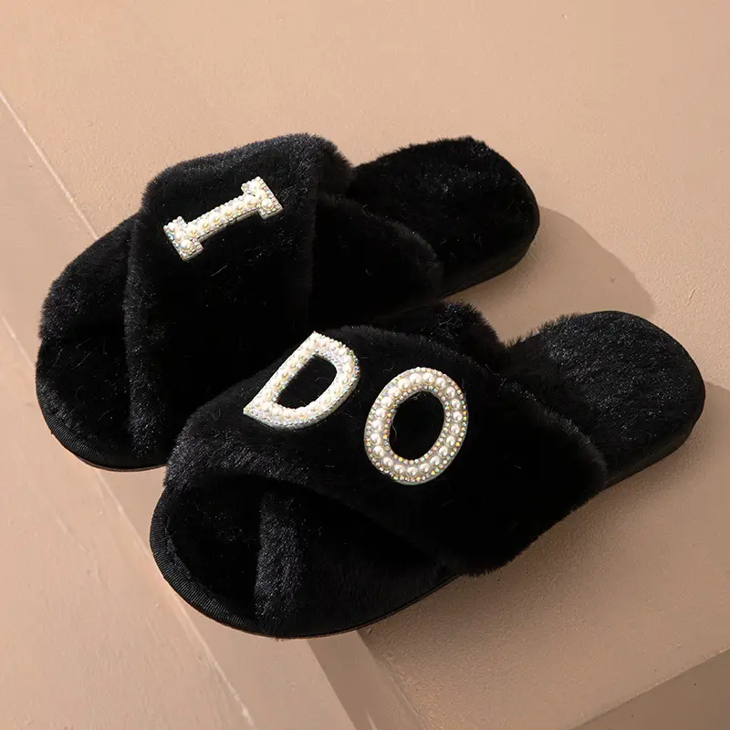 Plush slippers women IDO pearl wedding bachelor party fluffy slippers cross-border bridal cross-cotton slippers explosions