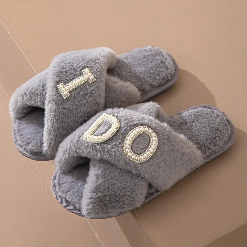 Plush slippers women IDO pearl wedding bachelor party fluffy slippers cross-border bridal cross-cotton slippers explosions