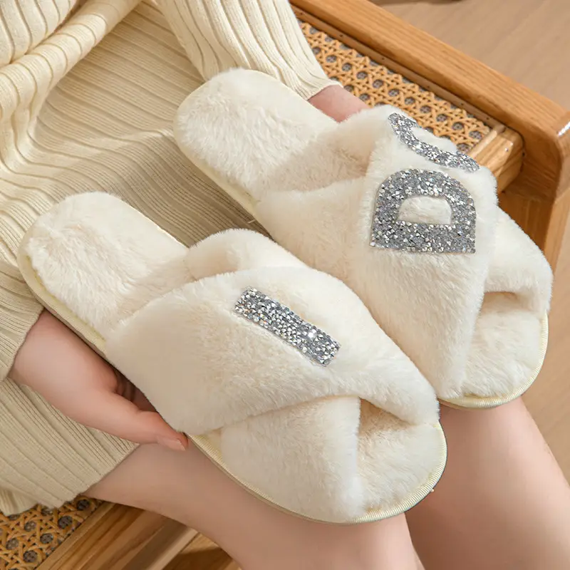 Plush slippers women IDO pearl wedding bachelor party fluffy slippers cross-border bridal cross-cotton slippers explosions