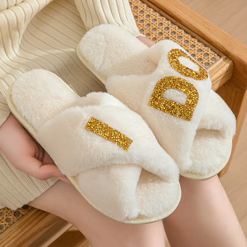 Plush slippers women IDO pearl wedding bachelor party fluffy slippers cross-border bridal cross-cotton slippers explosions