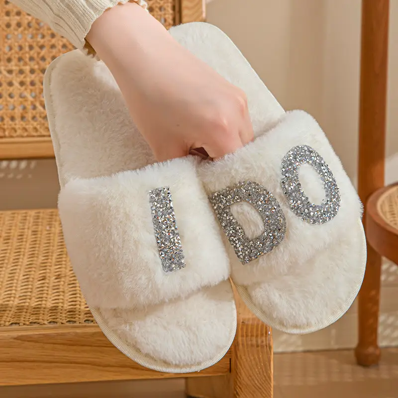 Plush slippers women IDO pearl wedding bachelor party fluffy slippers cross-border bridal cross-cotton slippers explosions