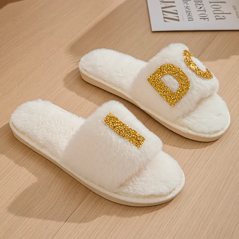 Plush slippers women IDO pearl wedding bachelor party fluffy slippers cross-border bridal cross-cotton slippers explosions