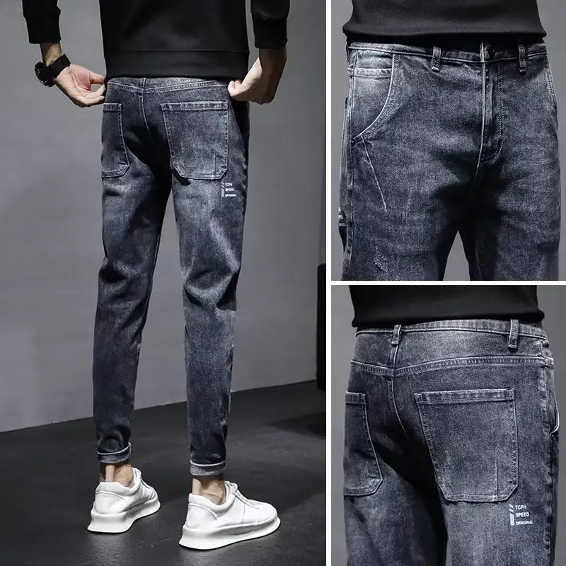 Men's Grey Tie-Legged Jeans Slim Fit 2023 - Image 4