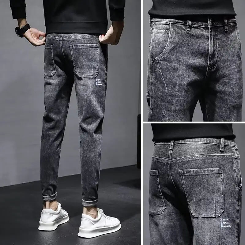 Men's Grey Tie-Legged Jeans Slim Fit 2023 - Image 6