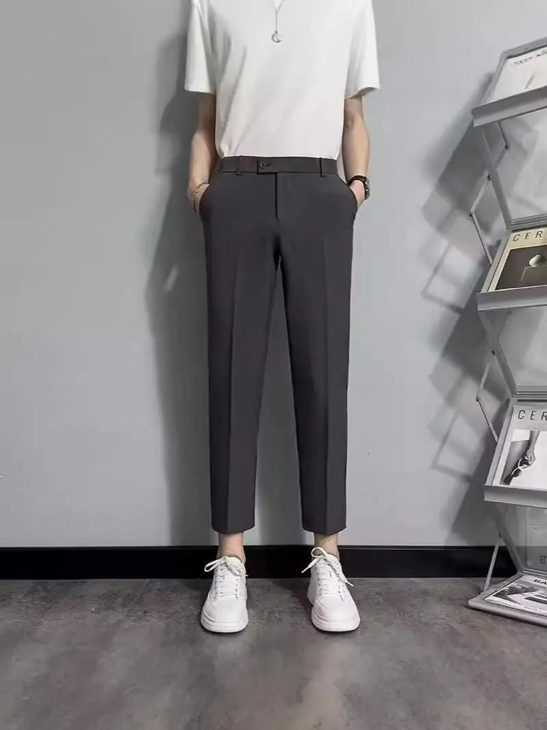 Black Men's Cropped Slim Fit Dress Pants - Image 6
