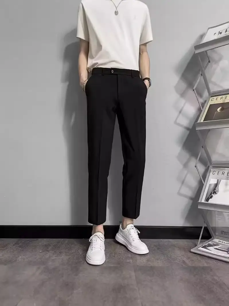 Black Men's Cropped Slim Fit Dress Pants - Image 7
