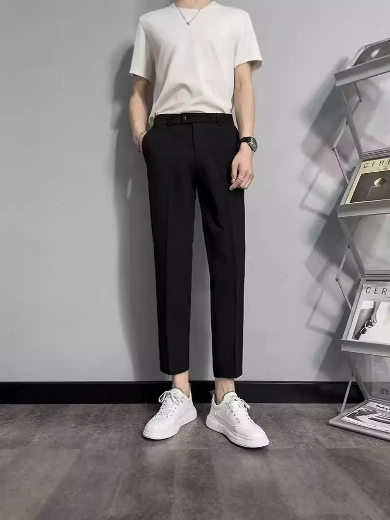 Black Men's Cropped Slim Fit Dress Pants - Image 8