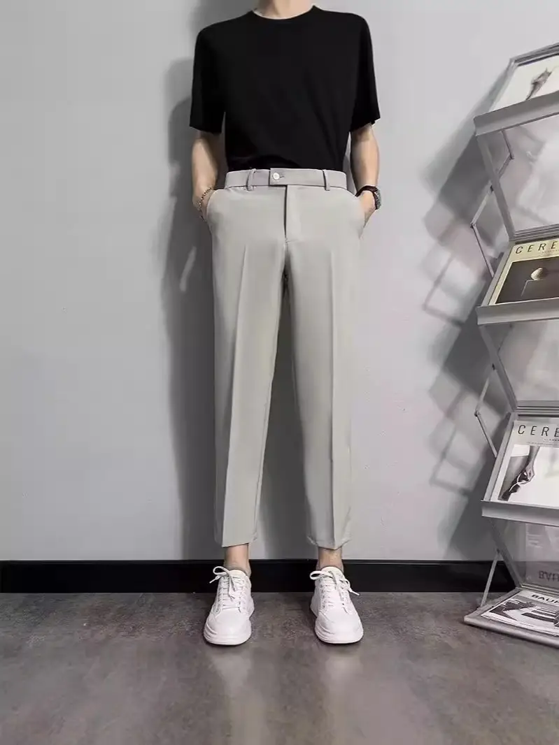 Black Men's Cropped Slim Fit Dress Pants - Image 9