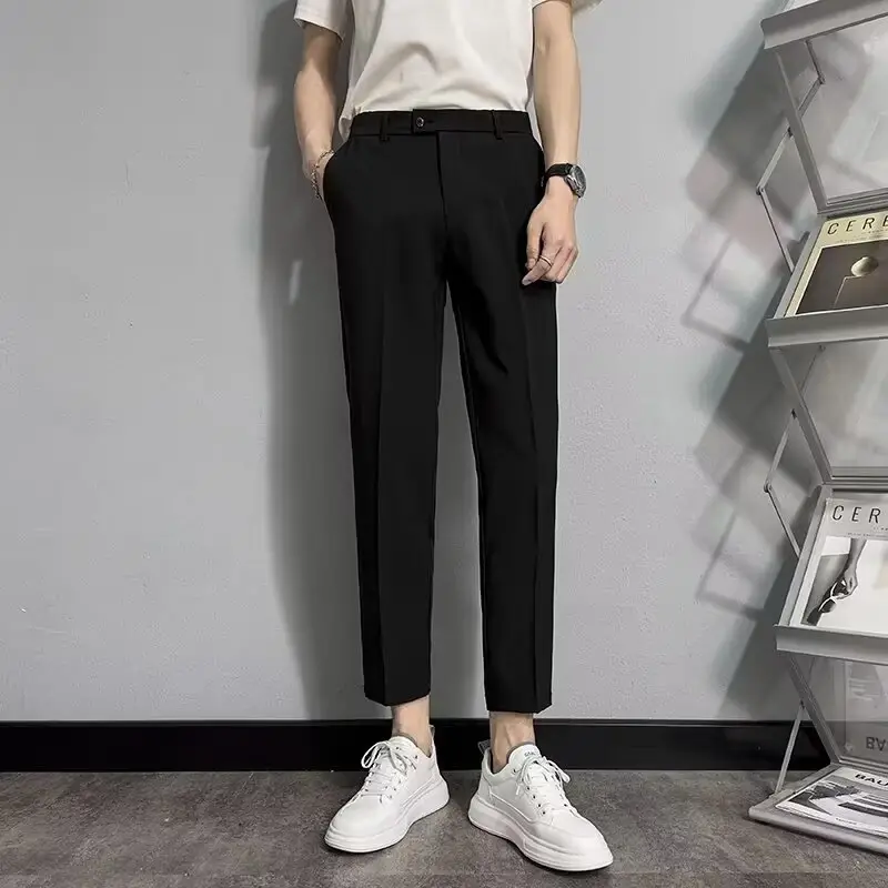 Black Men's Cropped Slim Fit Dress Pants — feature 7