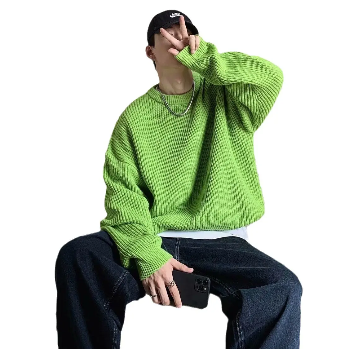 Men's Pink Waffle Knit Crewneck Sweater All Season - Image 18