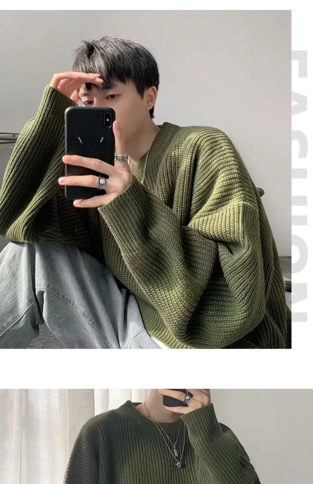 Men's Pink Waffle Knit Crewneck Sweater All Season — feature 11