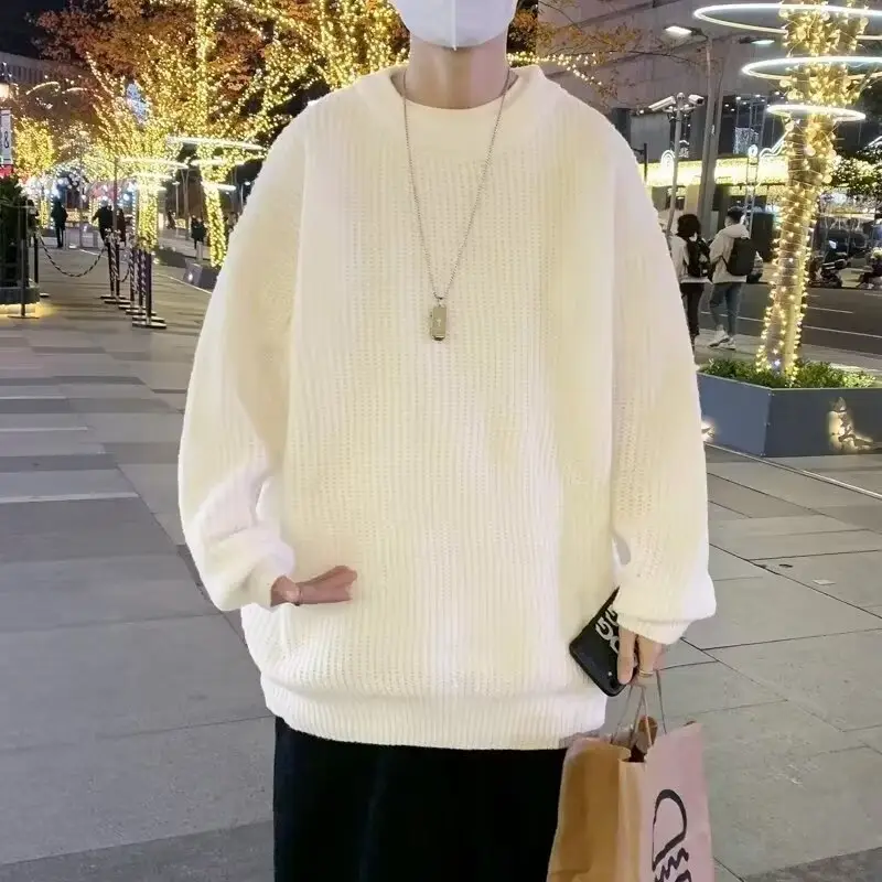 Men's Pink Waffle Knit Crewneck Sweater All Season — feature 14