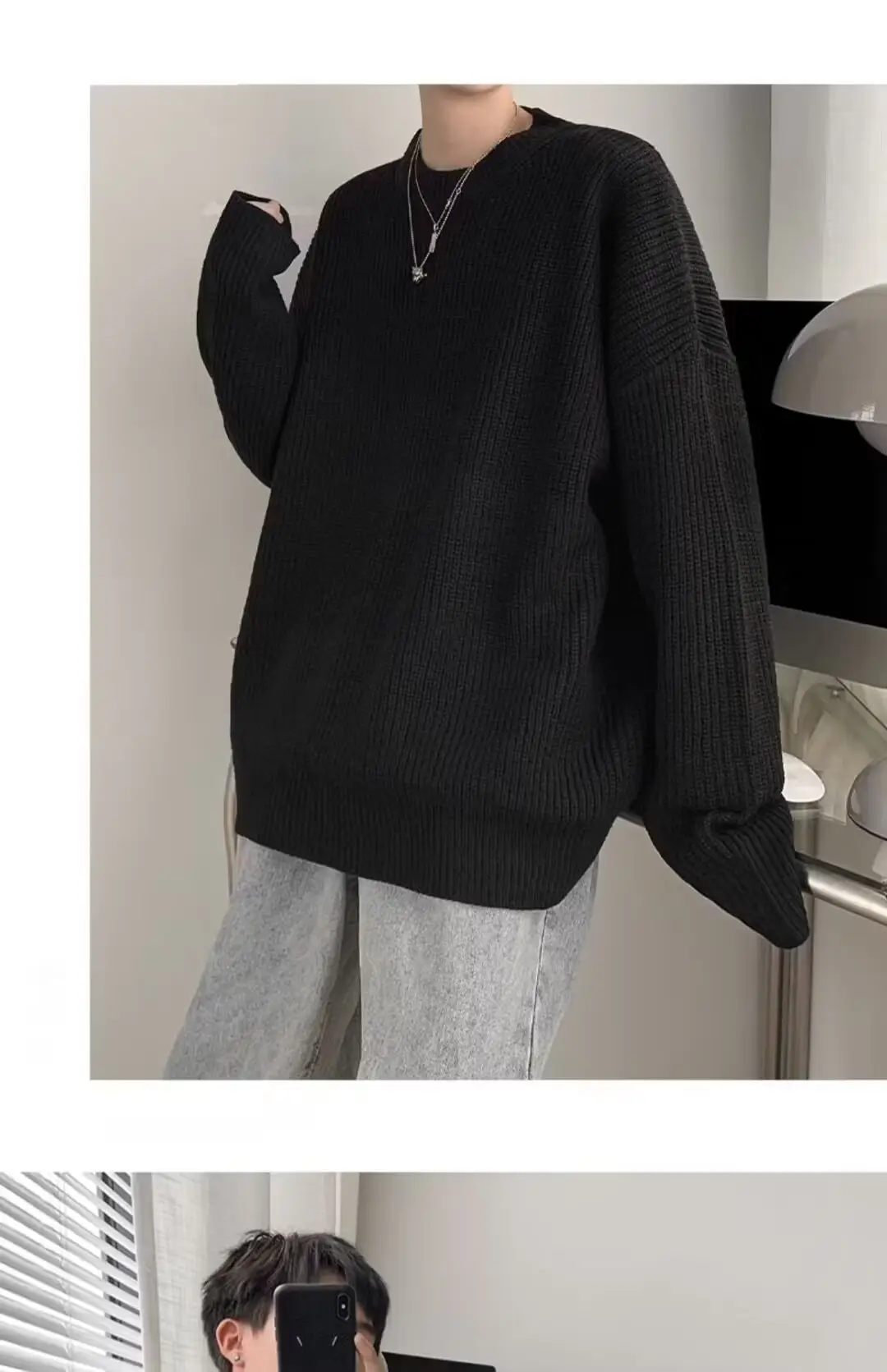 Men's Pink Waffle Knit Crewneck Sweater All Season — feature 5