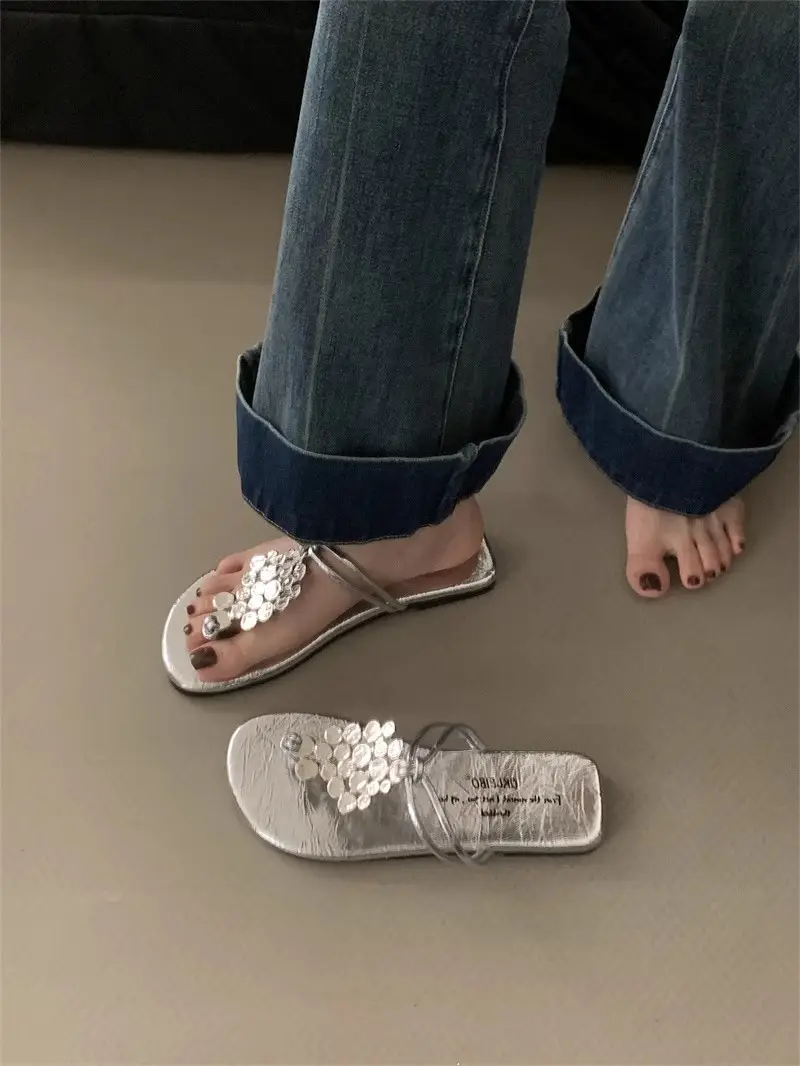 Women's 2024 New Summer Outer Wear Flip-flops with Skirt Sequined Flip-flops Flats Fashion Sandals - Image 2
