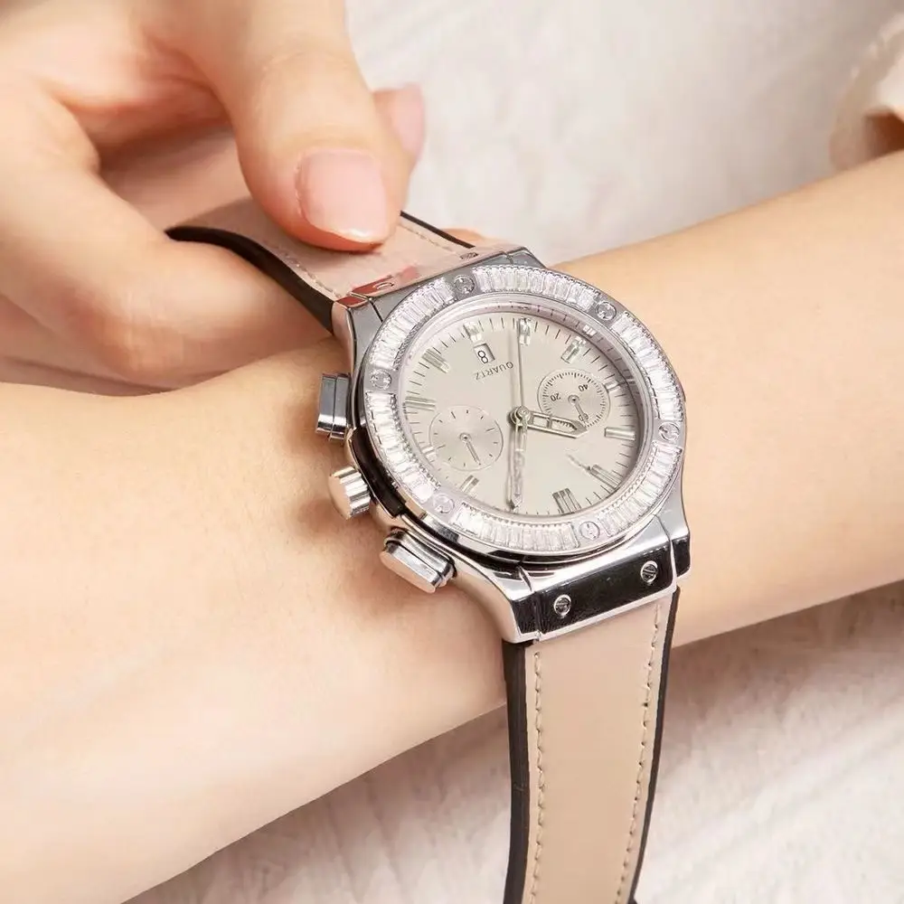 Women Quartz Watch with Crystal Dial and Leather Strap - Image 3