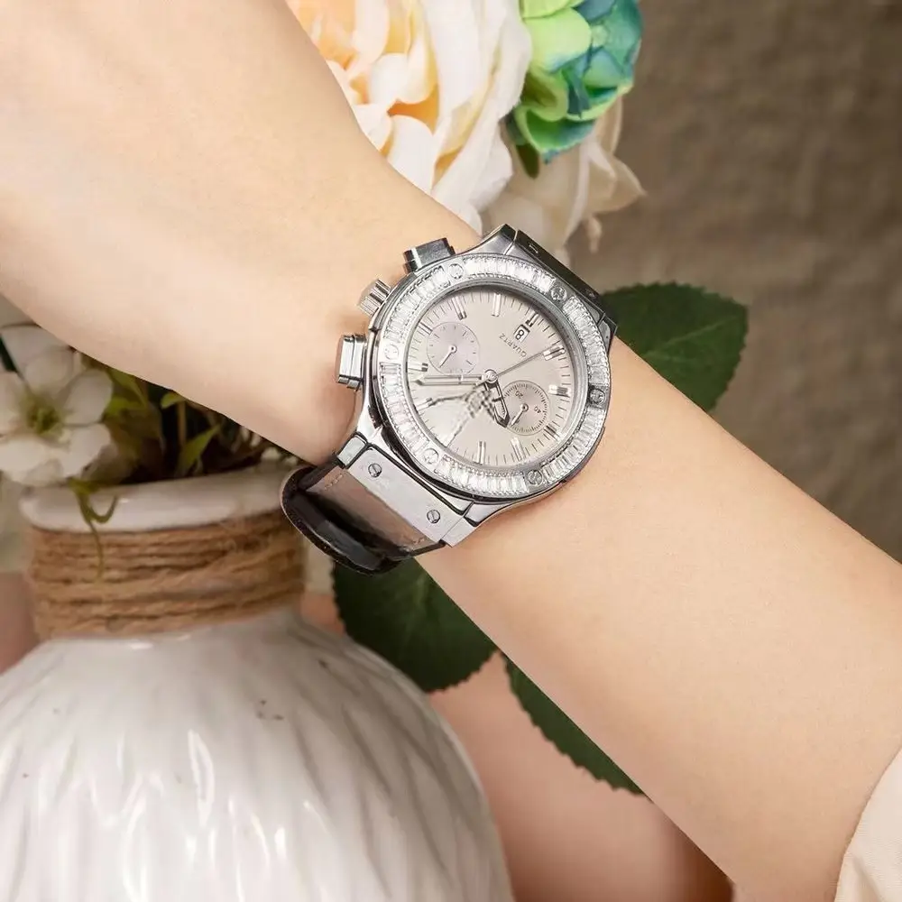 Women Quartz Watch with Crystal Dial and Leather Strap - Image 4