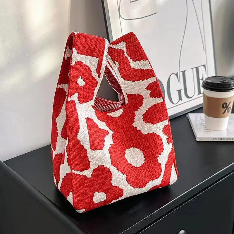Red Floral Knitted Handbag for Women - Image 3