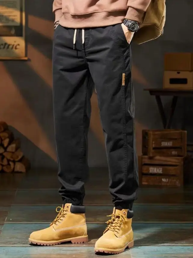 Men's Beige Loose Fit Casual Pants with Tie