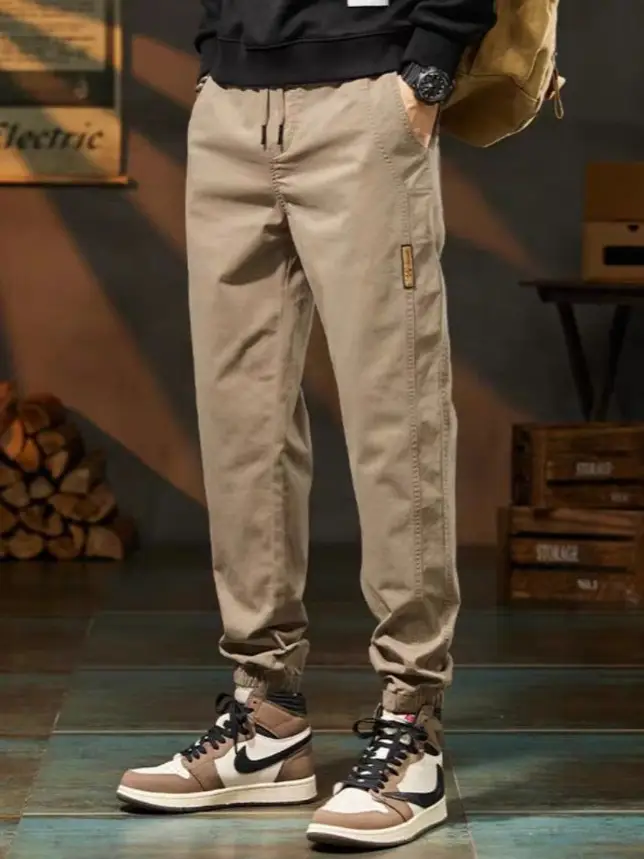 Men's Beige Loose Fit Casual Pants with Tie