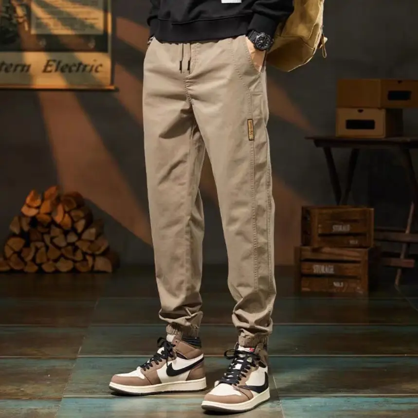 Men's Beige Loose Fit Casual Pants with Tie