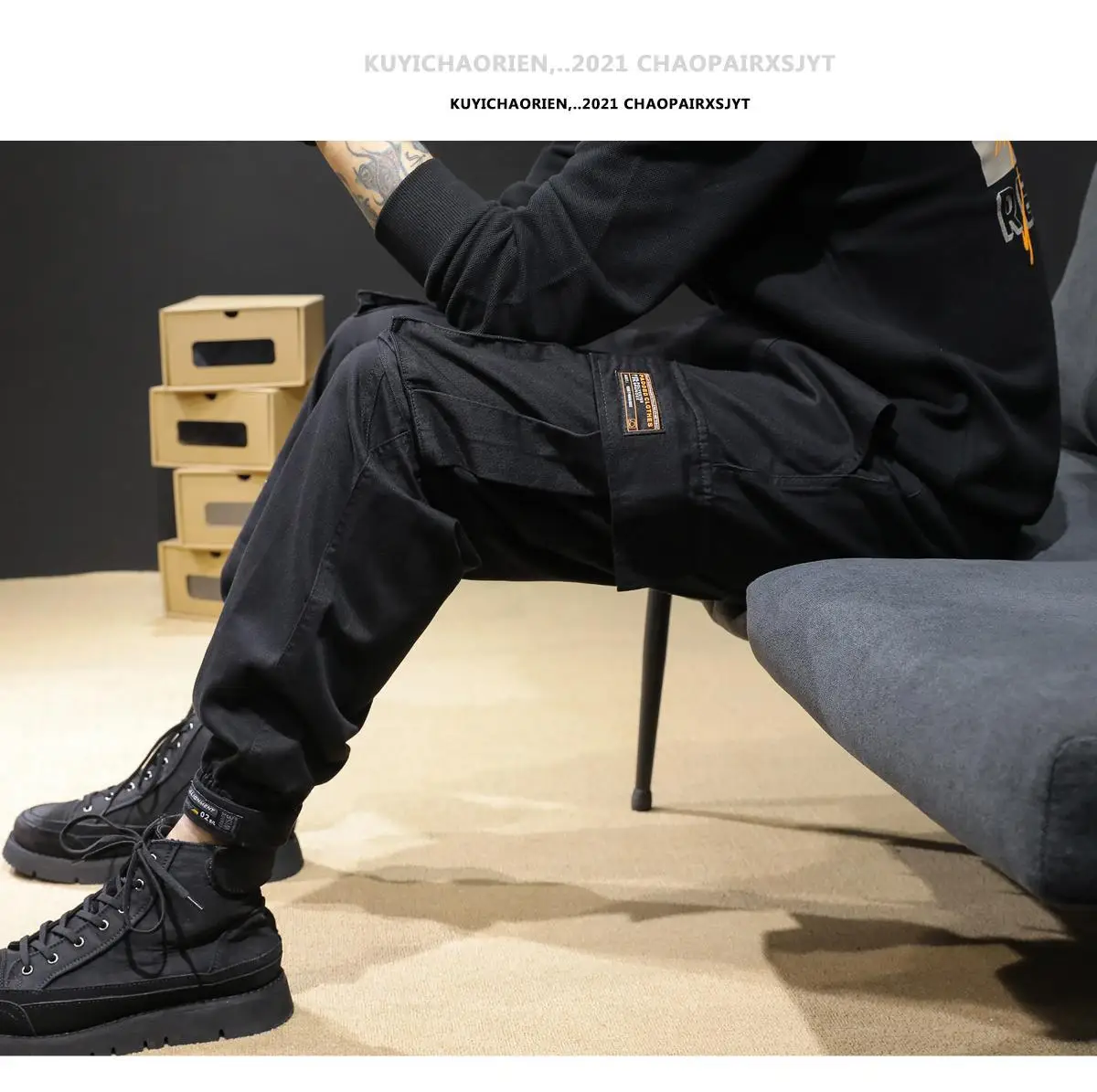 Men's Black Multi-Pocket Leggings Autumn Casual Pants — feature 5