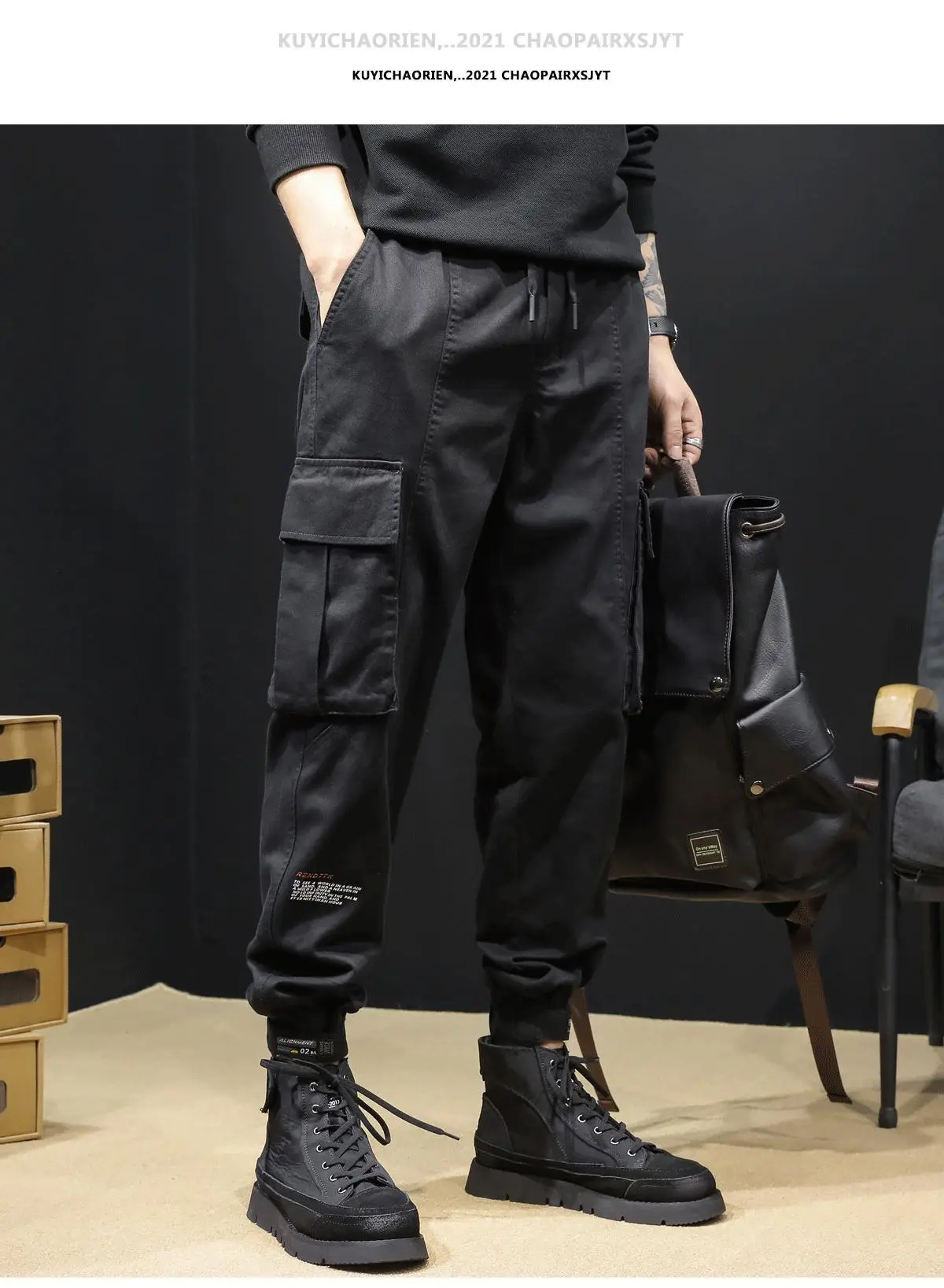 Men's Black Multi-Pocket Leggings Autumn Casual Pants — feature 7