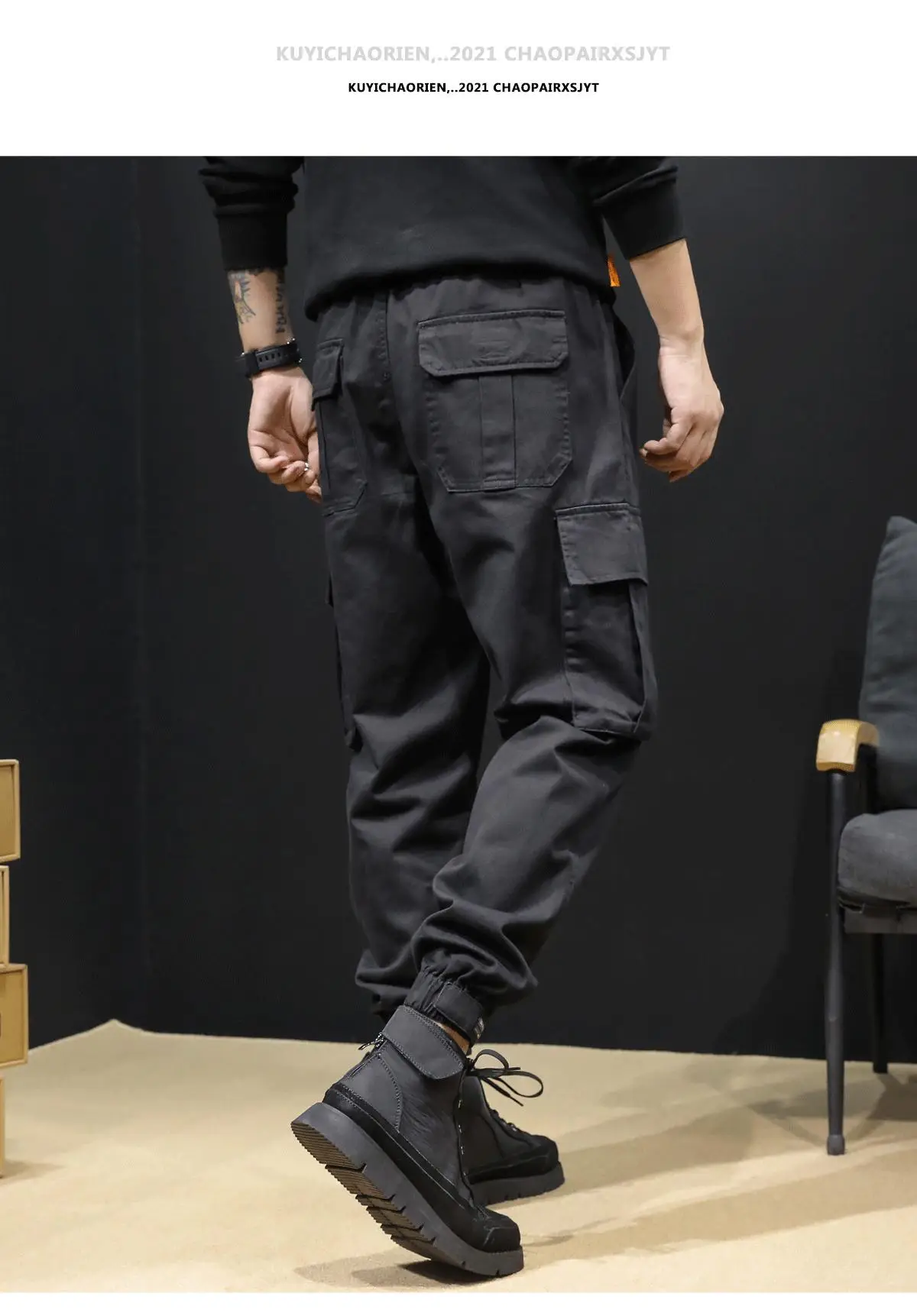 Men's Black Multi-Pocket Leggings Autumn Casual Pants — feature 8