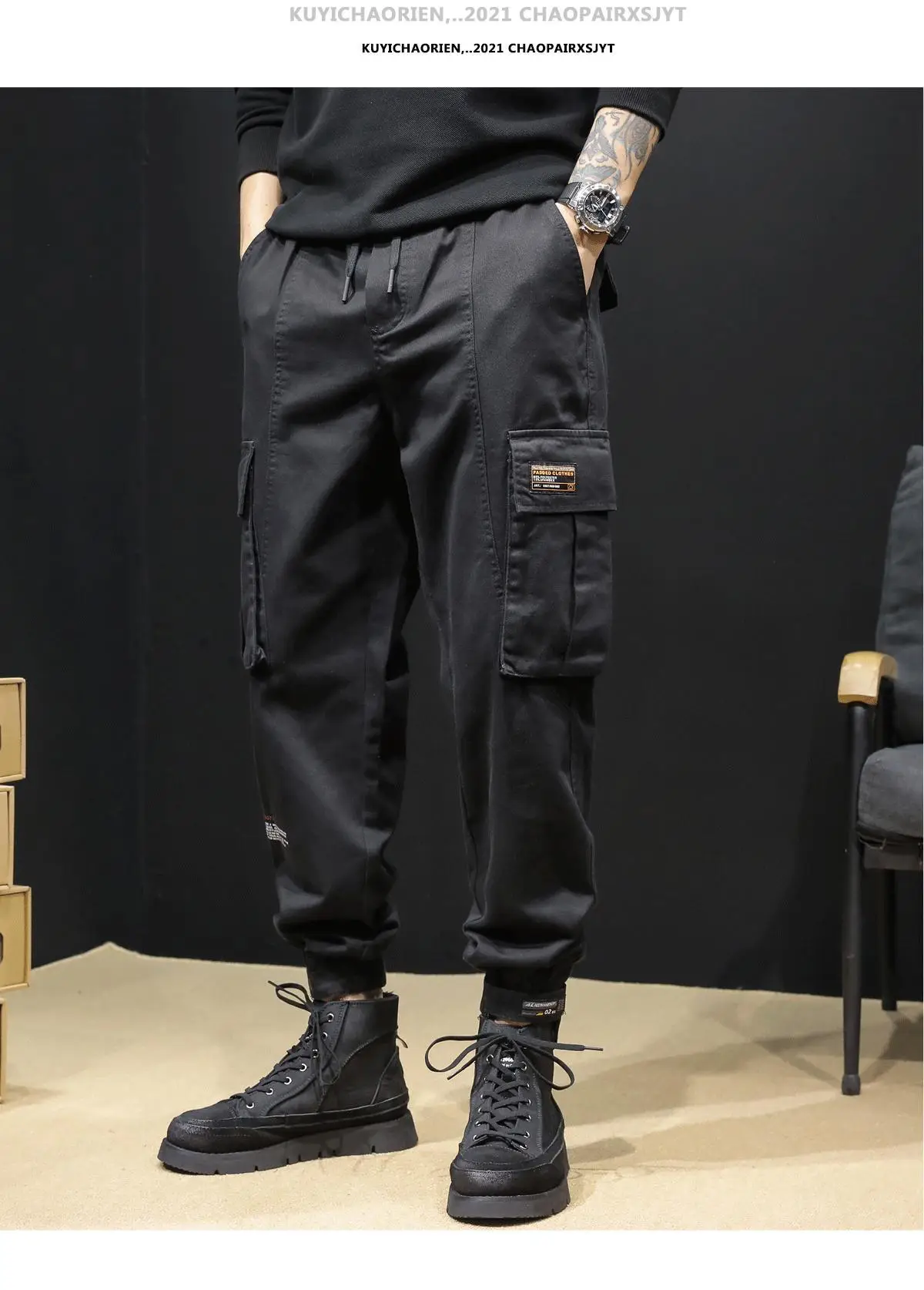 Men's Black Multi-Pocket Leggings Autumn Casual Pants — feature 9