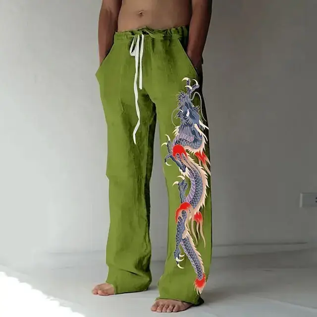 Men Dragon Printed Wide Leg Pants White Black — feature 2