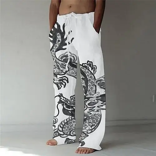 Men Dragon Printed Wide Leg Pants White Black — feature 3