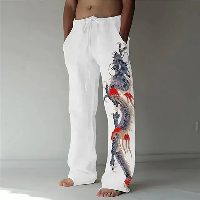 Men Dragon Printed Wide Leg Pants White Black — feature 7
