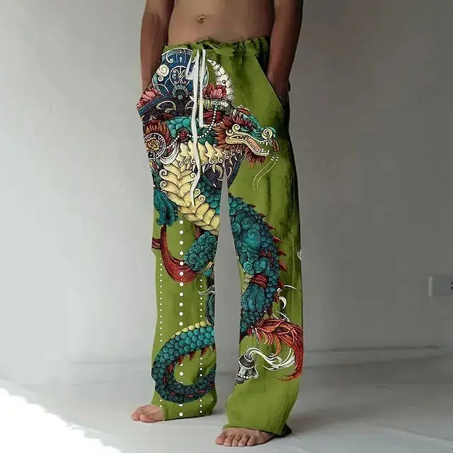 Men Dragon Printed Wide Leg Pants White Black — feature 8