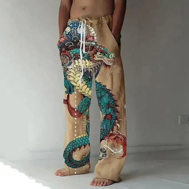 Men Dragon Printed Wide Leg Pants White Black - Image 12