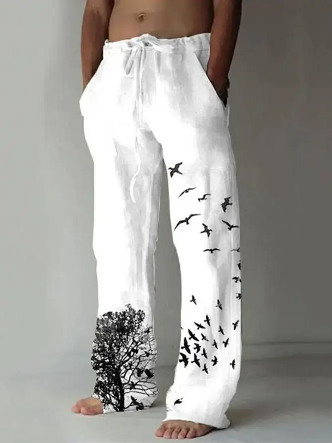 Men Dragon Printed Wide Leg Pants White Black - Image 16