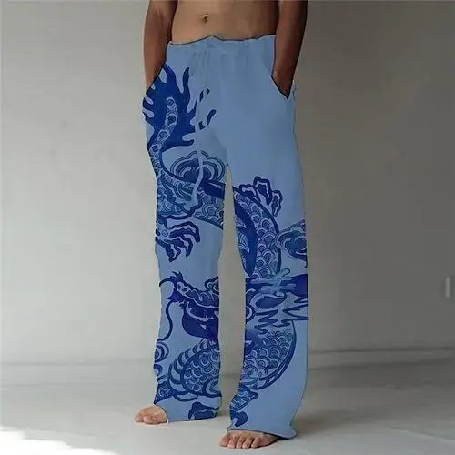 Men Dragon Printed Wide Leg Pants White Black - Image 18