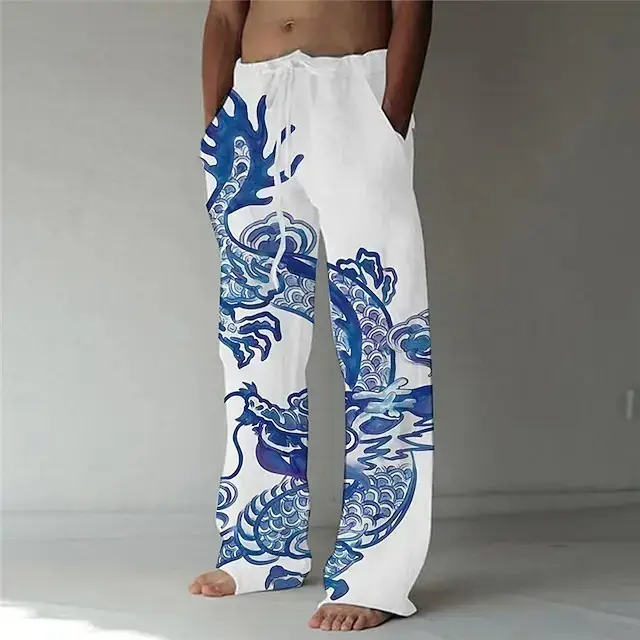 Men Dragon Printed Wide Leg Pants White Black - Image 21