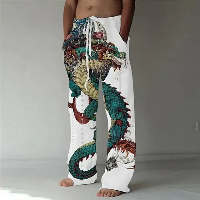 Men Dragon Printed Wide Leg Pants White Black - Image 22