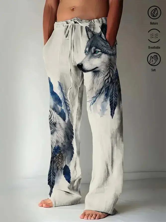 Men Dragon Printed Wide Leg Pants White Black - Image 23