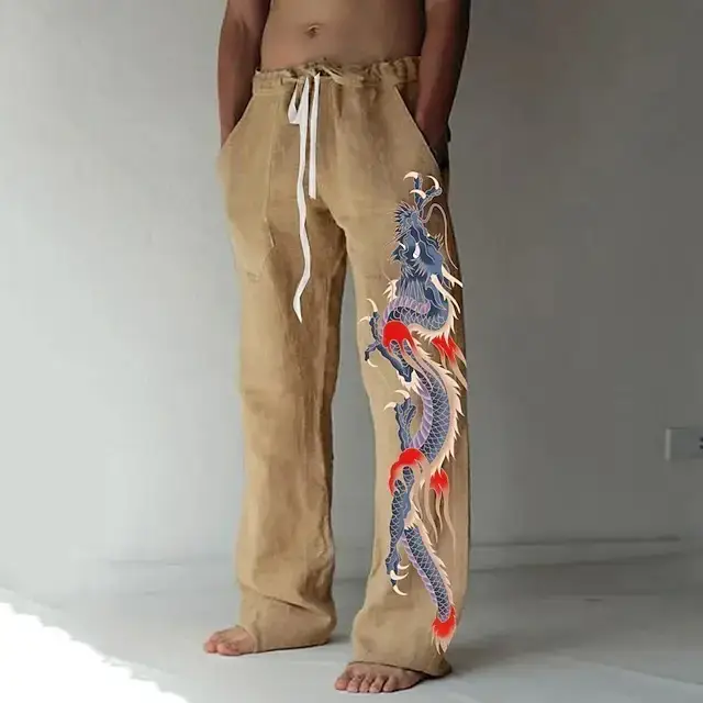 Men Dragon Printed Wide Leg Pants White Black - Image 24