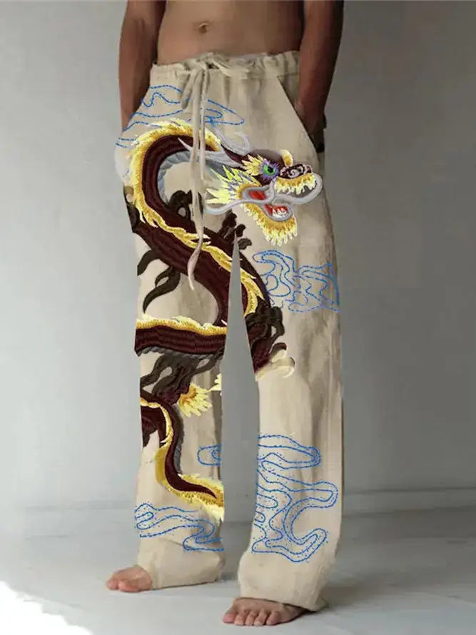 Men Dragon Printed Wide Leg Pants White Black - Image 3
