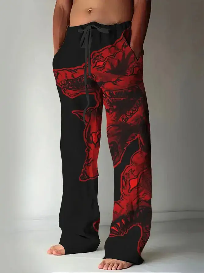 Men Dragon Printed Wide Leg Pants White Black - Image 4