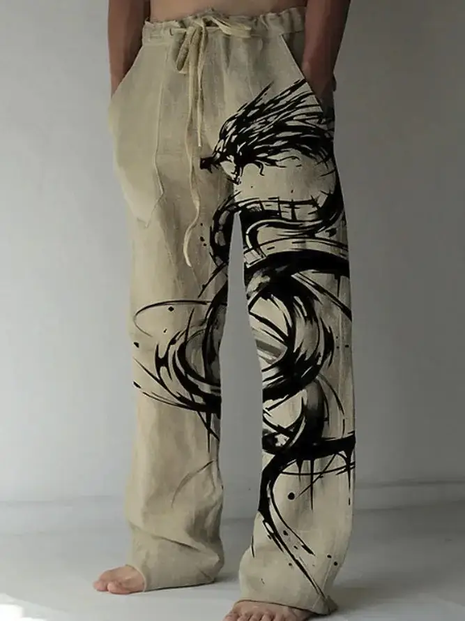 Men Dragon Printed Wide Leg Pants White Black - Image 5