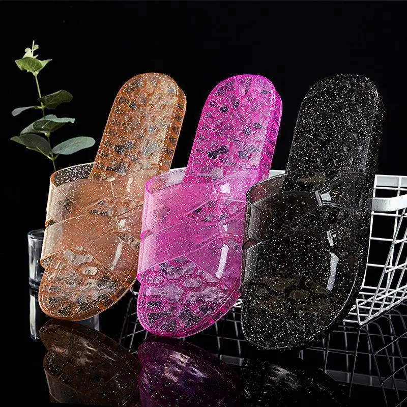Women's Pink Crystal Flat Slippers Transparent Non-Slip Summer Home - Image 7