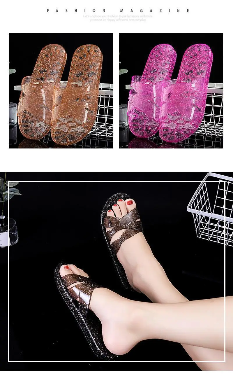 Women's Pink Crystal Flat Slippers Transparent Non-Slip Summer Home — feature 28