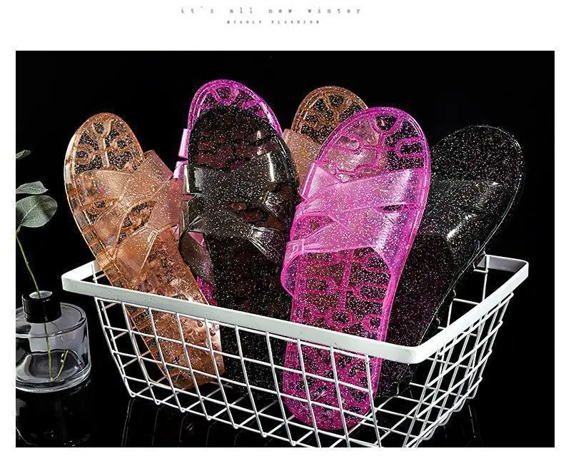 Women's Pink Crystal Flat Slippers Transparent Non-Slip Summer Home — feature 33