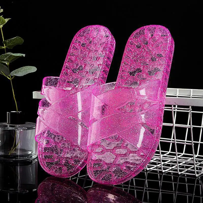 Women's Pink Crystal Flat Slippers Transparent Non-Slip Summer Home - Image 2