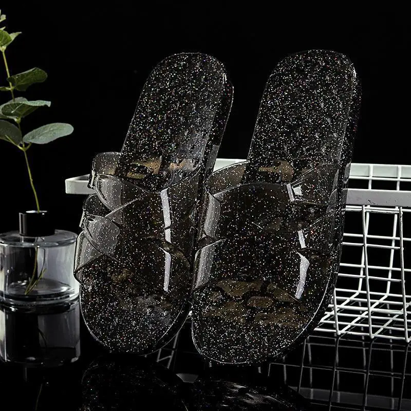 Women's Pink Crystal Flat Slippers Transparent Non-Slip Summer Home - Image 3
