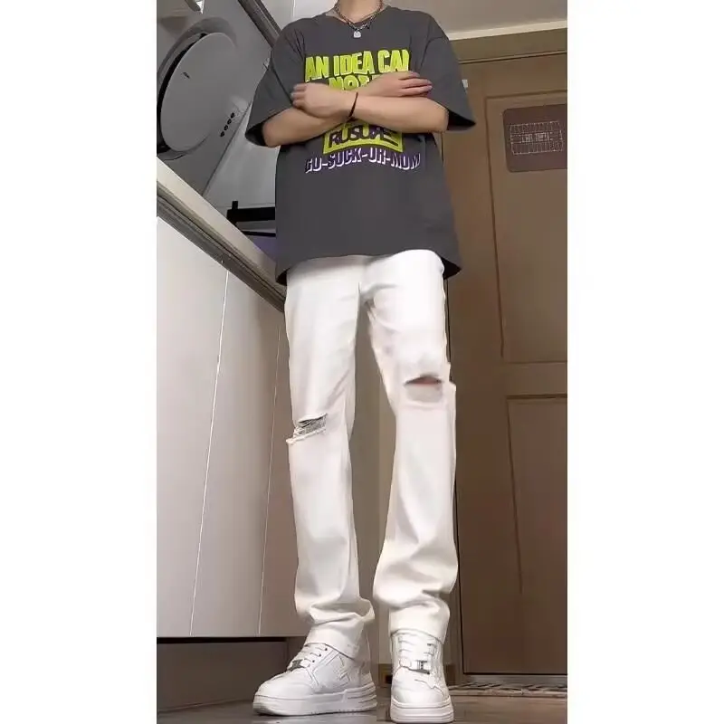 Men Ripped Straight White Jeans 2024 Xiagao Style - Image 4
