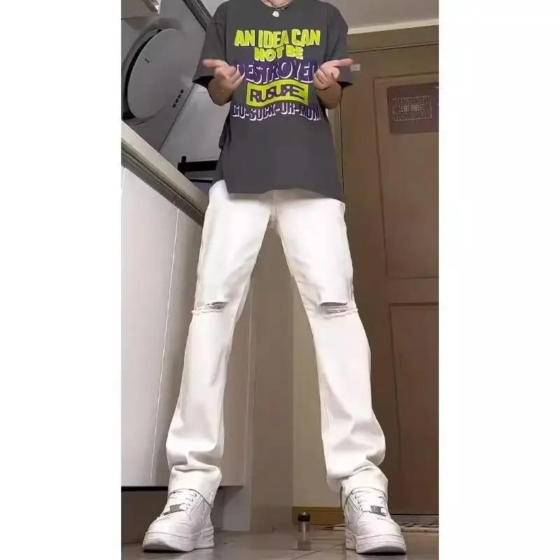 Men Ripped Straight White Jeans 2024 Xiagao Style - Image 5